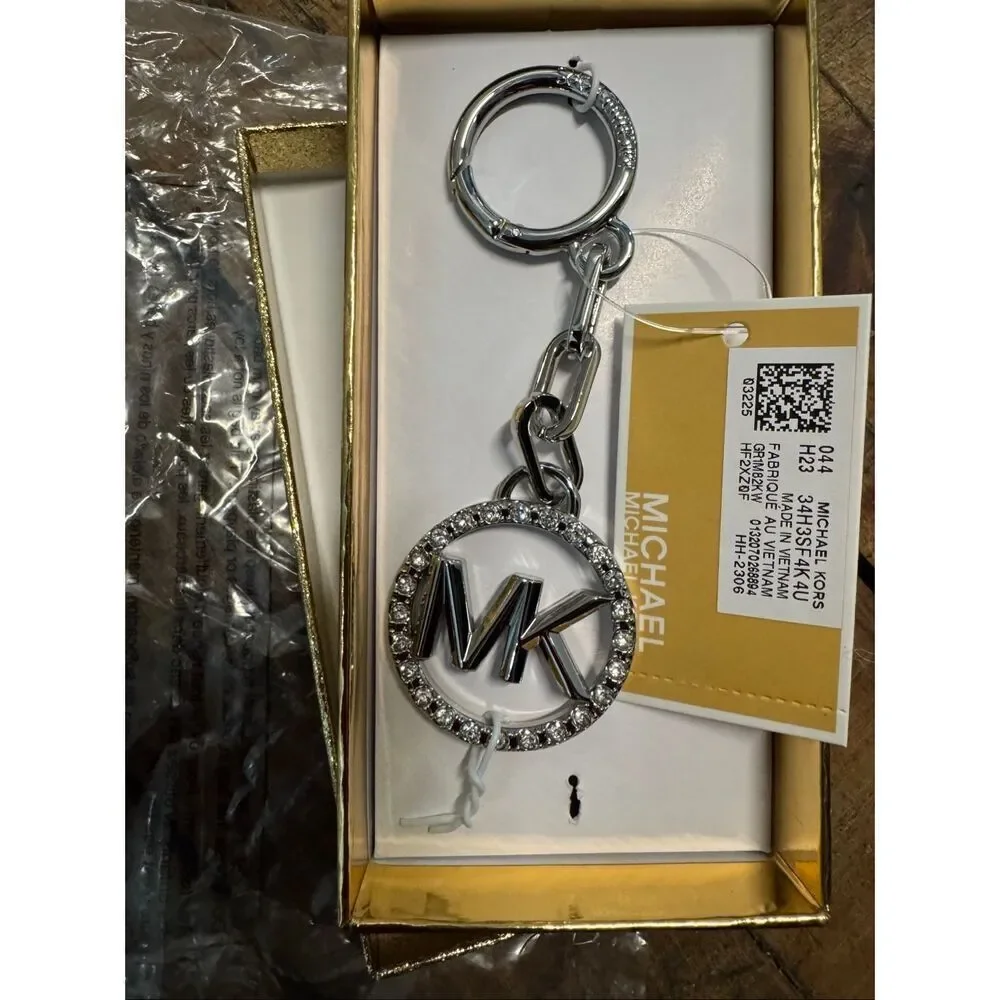 ️MK michael kors boxed pave circle logo  KEYCHAIN bag charm silver siganture